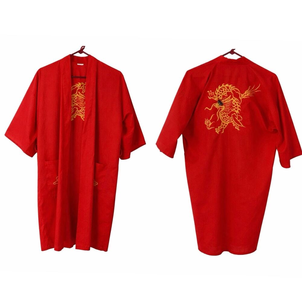Red Gold Dragon Kimono Robe Samurai Goth Festival Streetwear Duster
